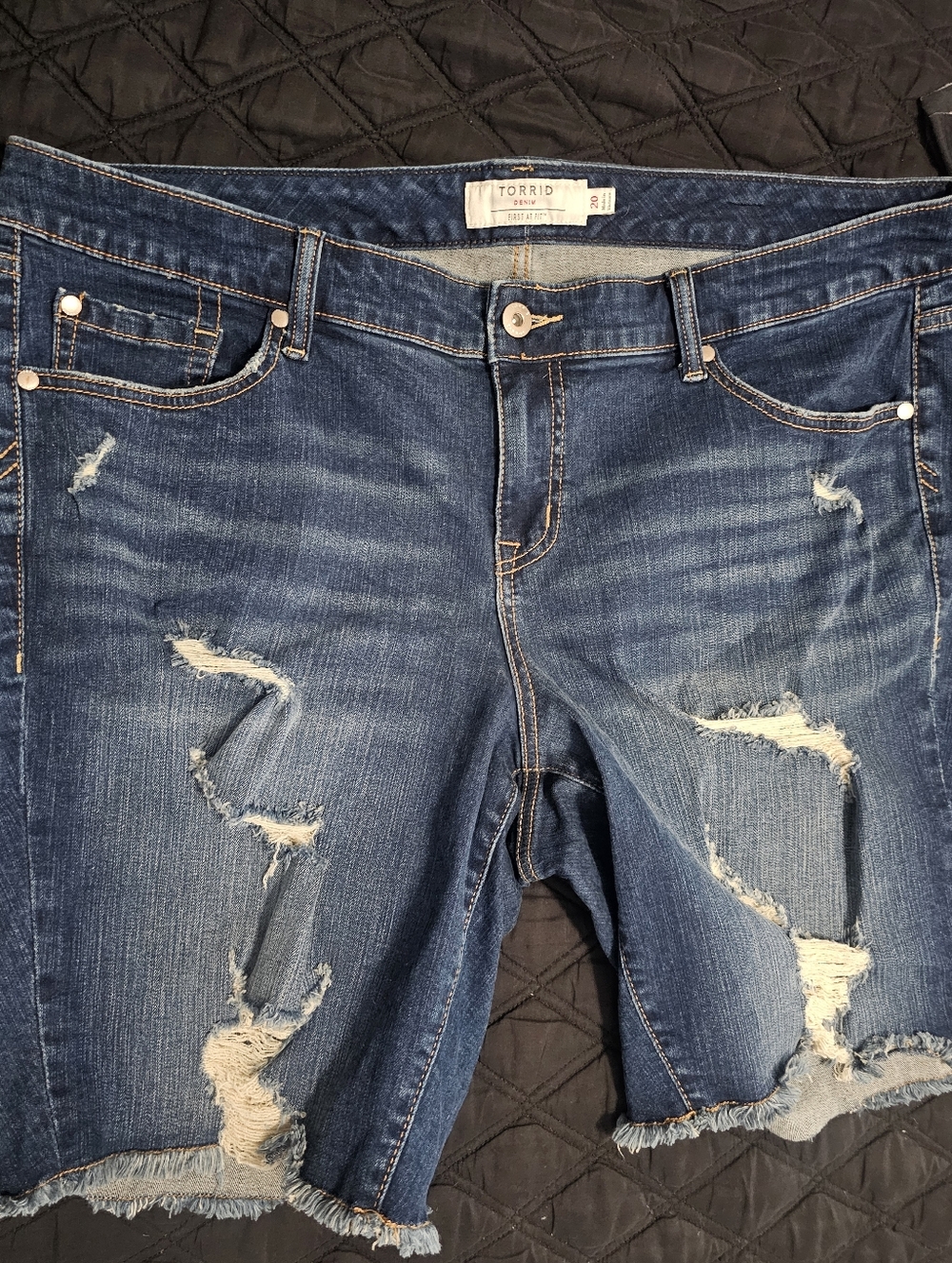 torrid distressed blue denim boyfriend Bermuda shorts